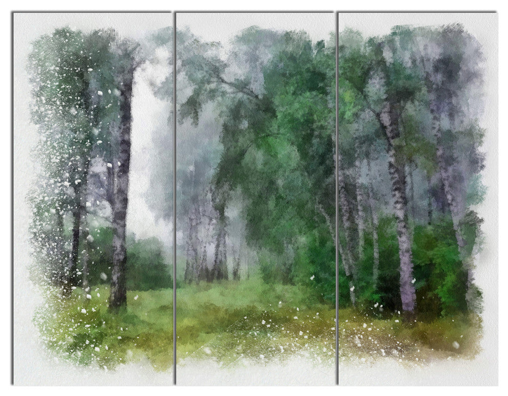 Green Forest Watercolor Drawing, Landscape Triptych Canvas Art, 36x28, 3 Panels