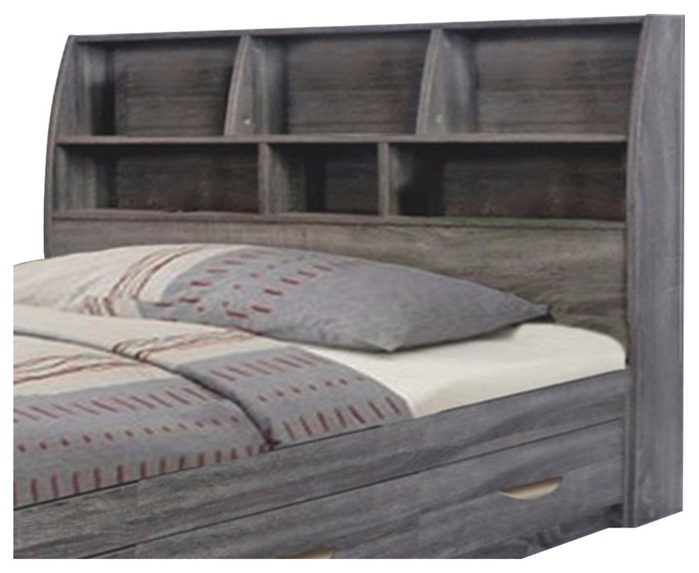 Elegant Grey Finish Full Size Bookcase Headboard With Six Shelves.