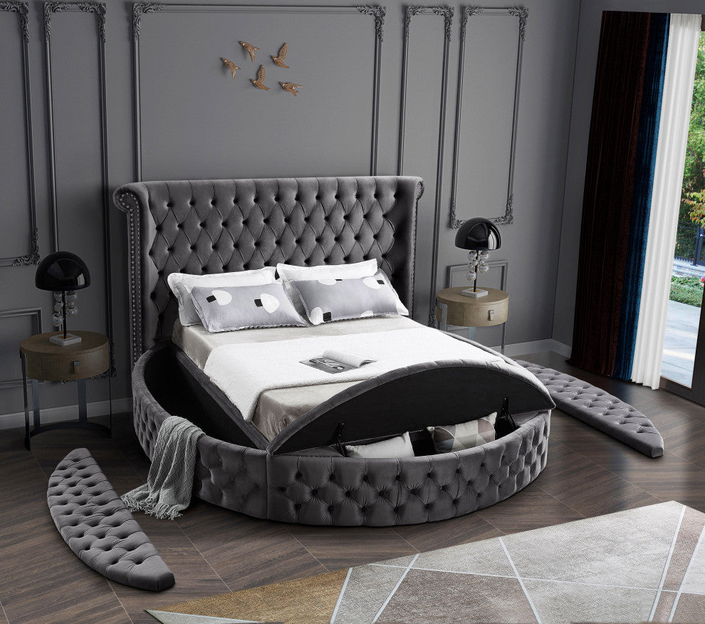 Luxus Button Tufted Velvet Round Bed, Gray, Full