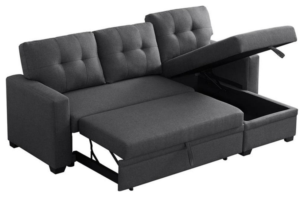 Pemberly Row Transitional Fabric Reversible Sleeper Sectional Sofa in Dark Gray