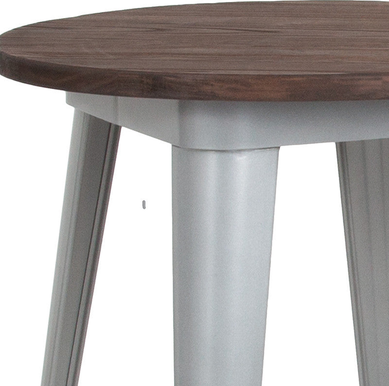 24" Round Silver Metal Indoor Table With Walnut Rustic Wood Top