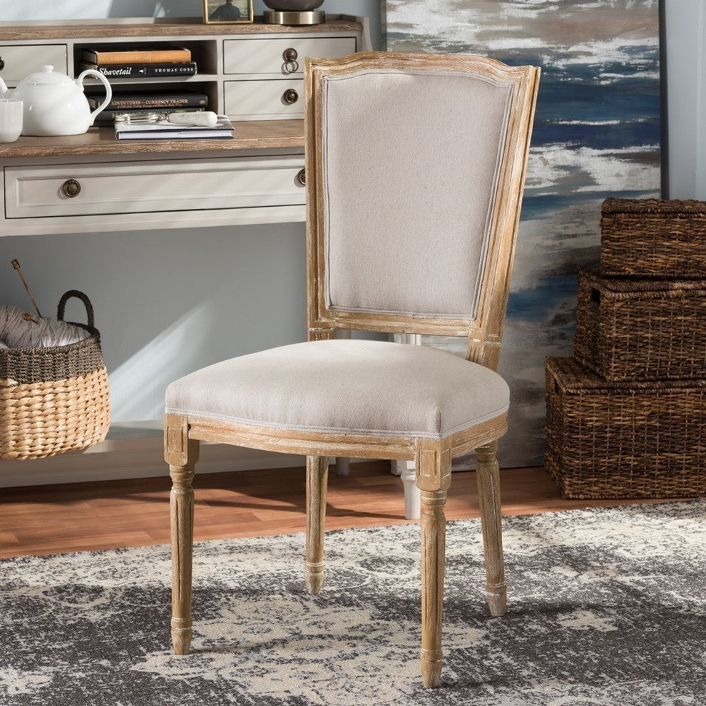 Oak Finish Wood and Beige Fabric Upholstered Dining Side Chair