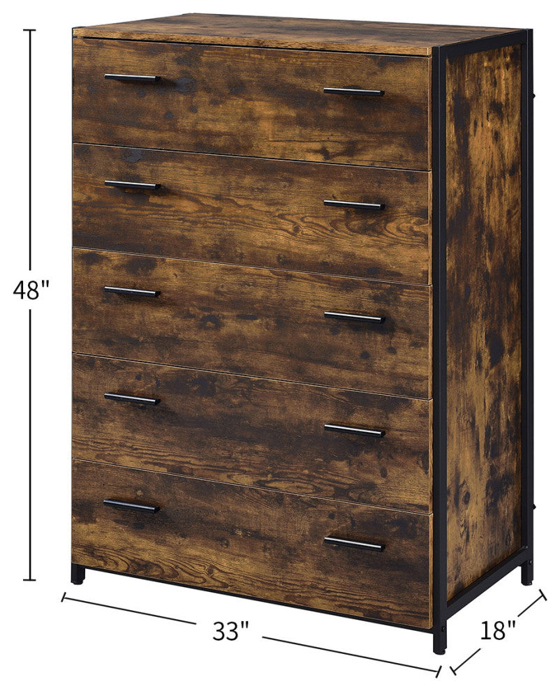 5 Drawers Wooden and Metal Chest, Rustic Oak and Black
