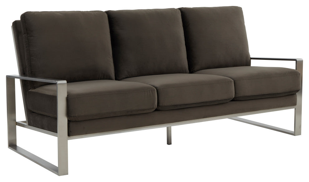 LeisureMod Jefferson Modern Design Velvet Sofa With Silver Frame, Dark Gray