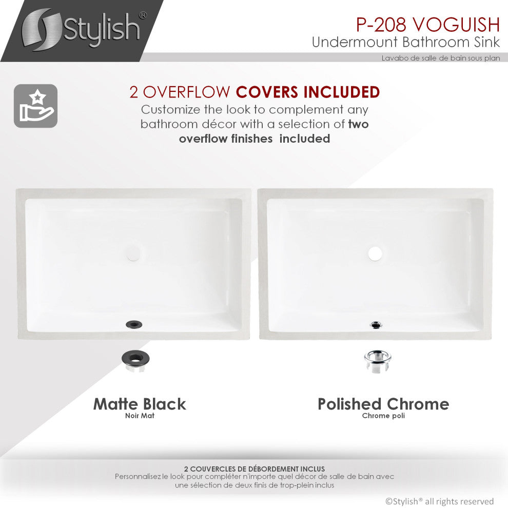 STYLISH 24" Rectangular Undermount Ceramic Bathroom Sink With 2 Overflow Finishe