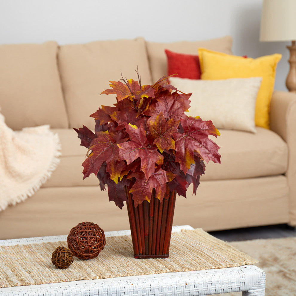 19" Autumn Maple Leaf Artificial Plant, Decorative Planter