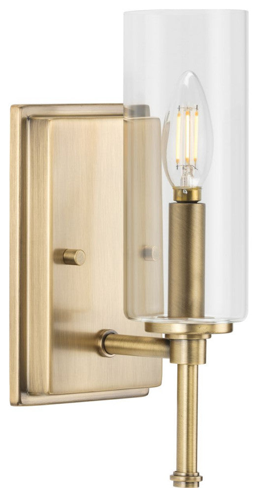 Elara Collection 4-3/4, 1-Light Vintage Brass Clear Glass Bath Vanity Light