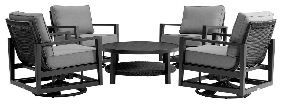 Grand 5 Piece Black Aluminum Outdoor Seating Set With Dark Gray Cushions