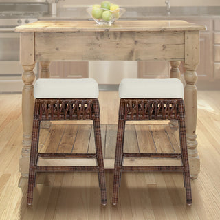 25.5"Bohemian Basics Rattan Backless CounterStool,White Cushion,Dark Brown Frame