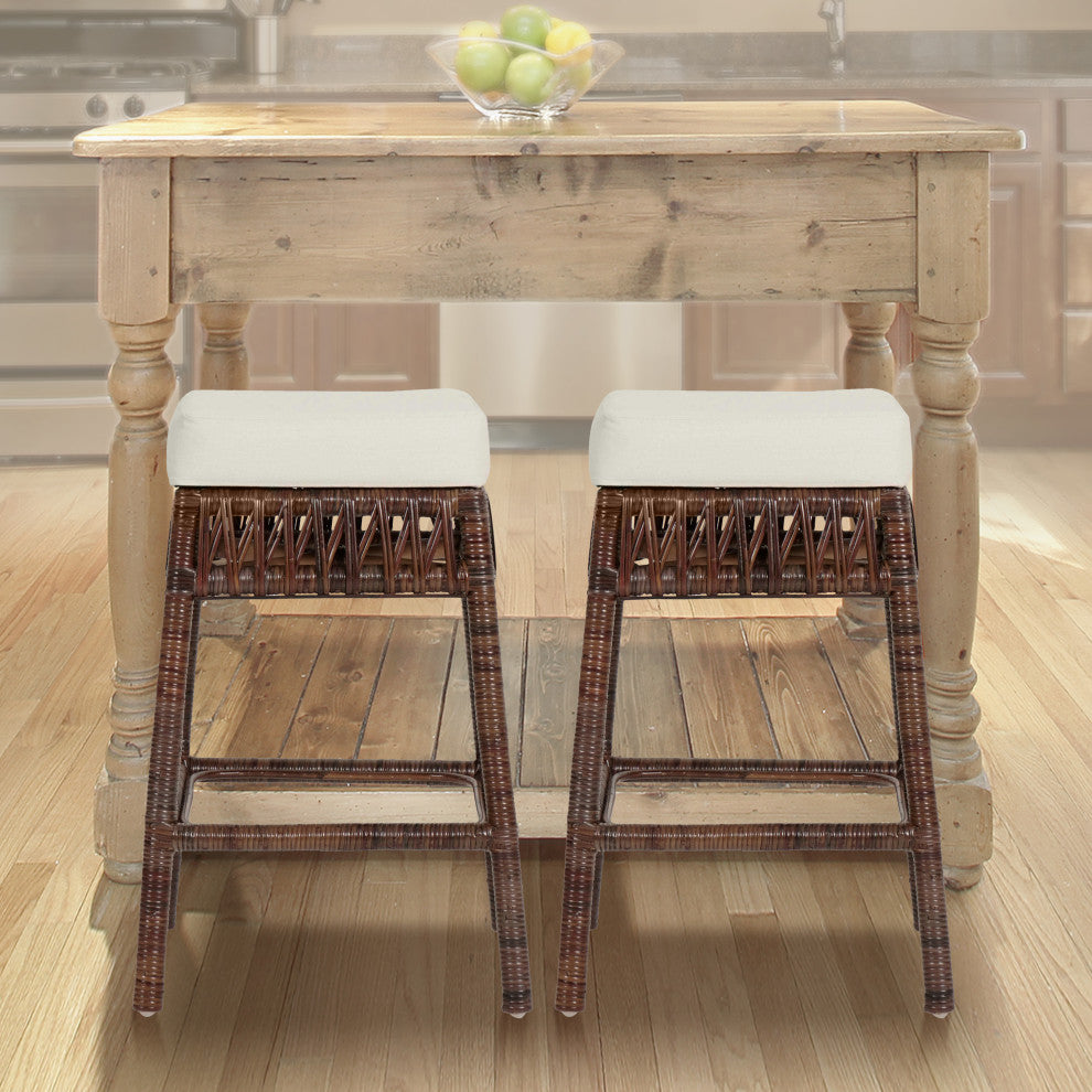 25.5"Bohemian Basics Rattan Backless CounterStool,White Cushion,Dark Brown Frame