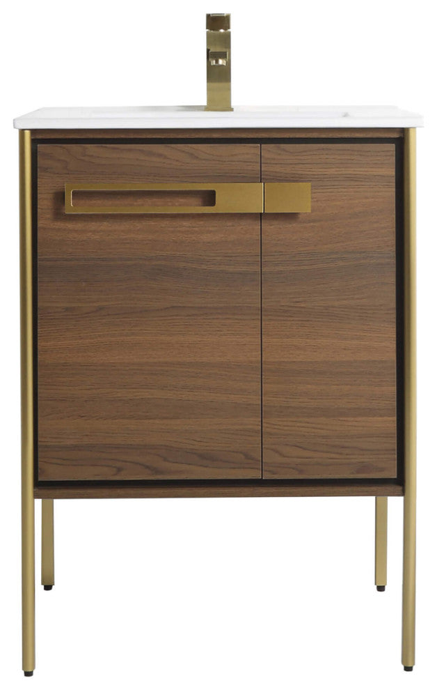 Oakville Bath Vanity, Ceramic Sink, Walnut Ebony, 24 Inch, Satin Brass Hardware