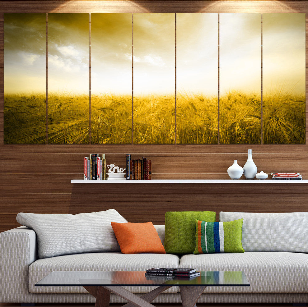 Yellow Meadow under Bright Sun, Landscape Canvas Art Print, 83"x32", 7 Panels