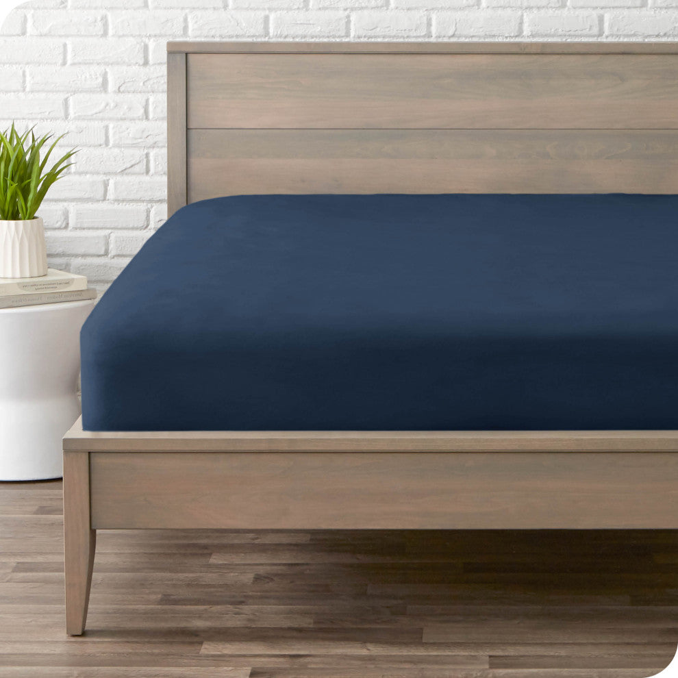 Bare Home Flannel Fitted Bottom Sheet, Dark Blue, Queen, Set of 2