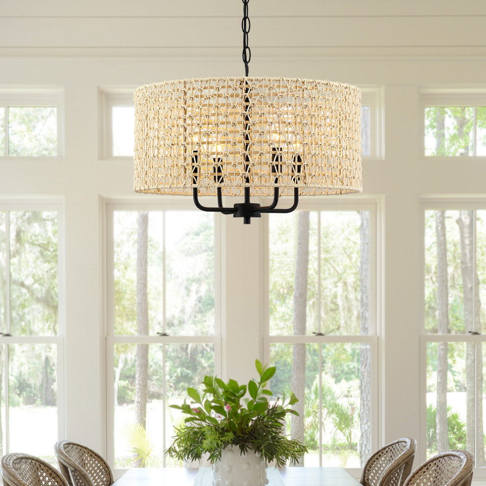 20" 4-Light Rattan Drum Chandelier Light With Black Canopy