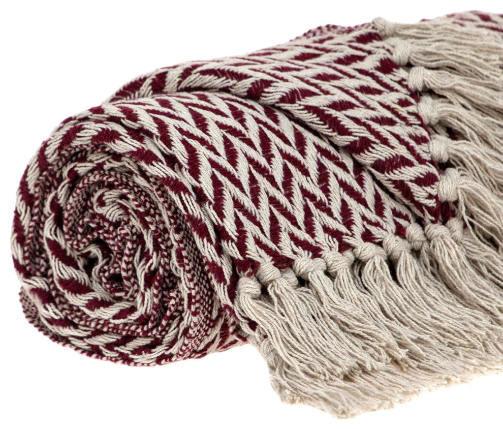 Burgundy Handloom Herringbone Weave With Tassels