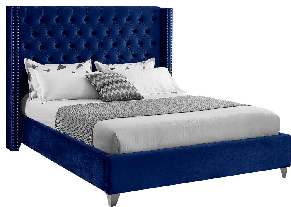 Ames Velvet Bed, Navy, Queen