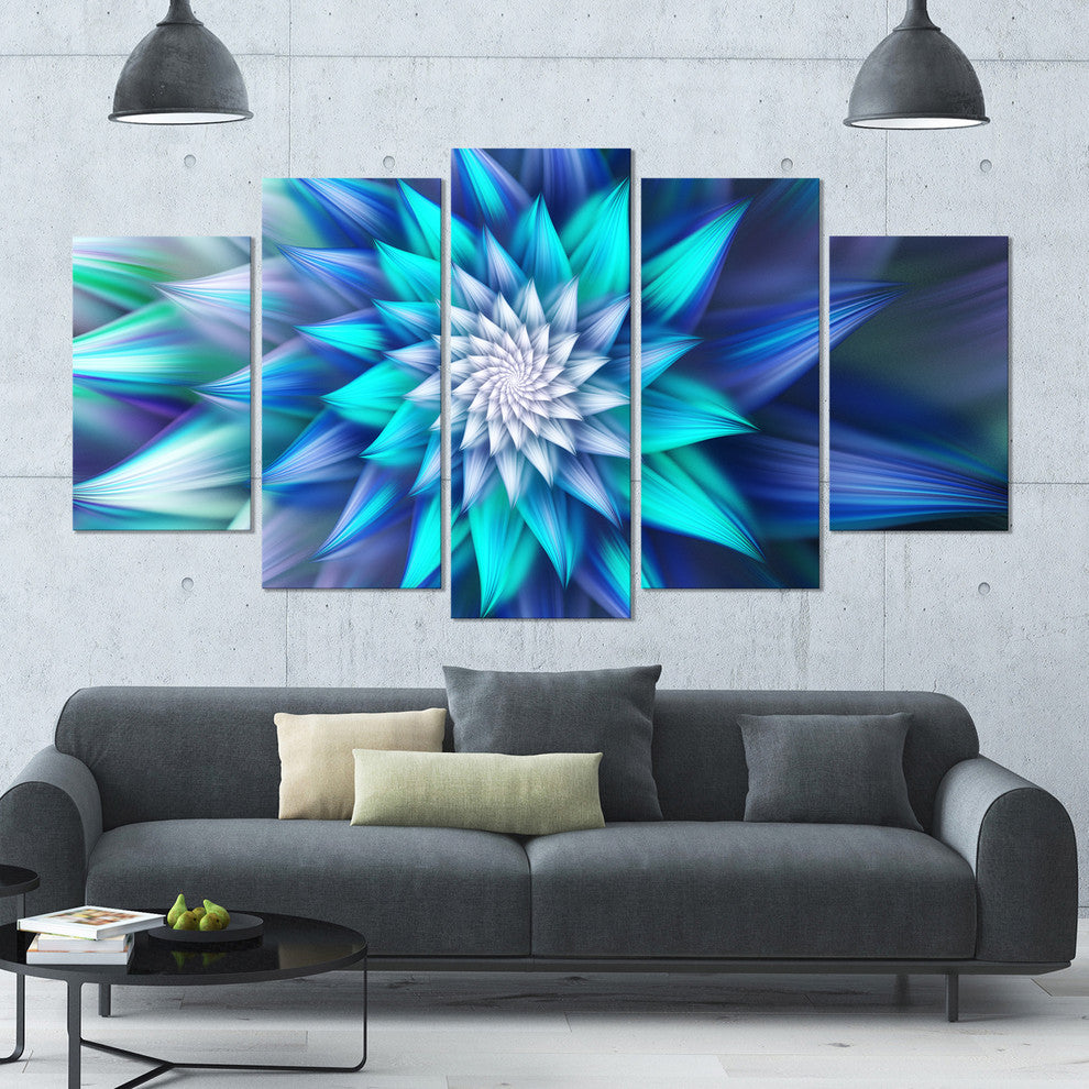 Blue Alien Fractal Flower, Floral Canvas Art Print, 60"x32", 5 Panels