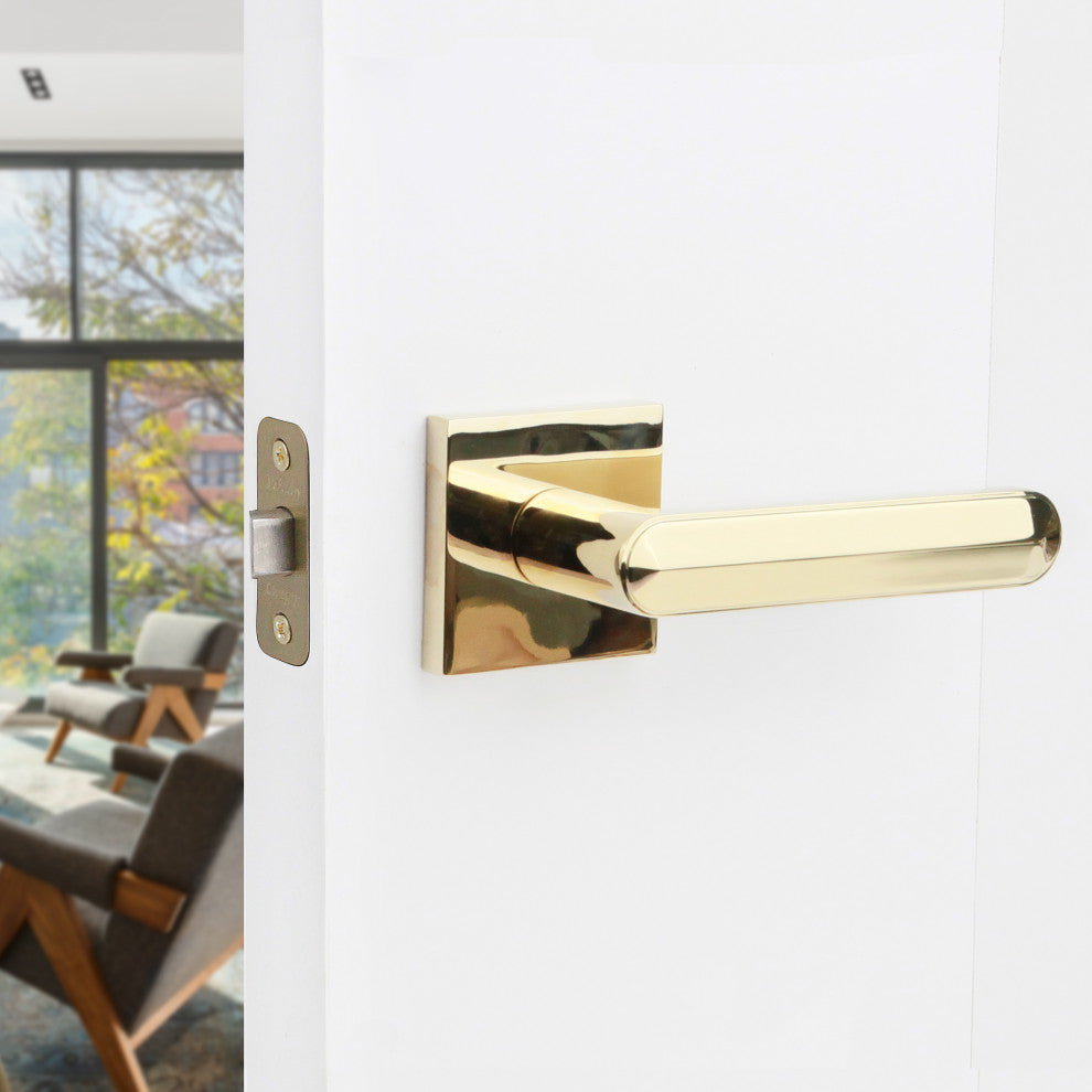 Modern Heavy Duty Designer Interior Door Lever - Beaux Collection, Polished Brass, Privacy Right Hand