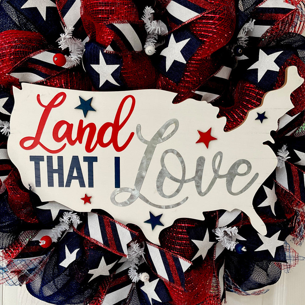 Land That I Love Patriotic Handmade Deco Mesh Wreath, 28 Inch