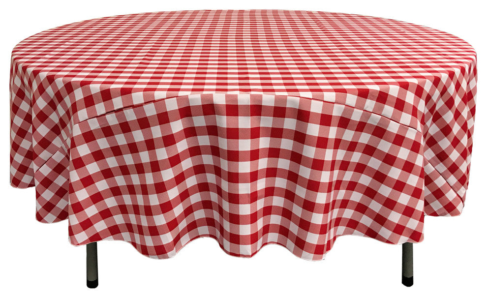 LA Linen Round Gingham Checkered Tablecloth, White and Red, 72" Round