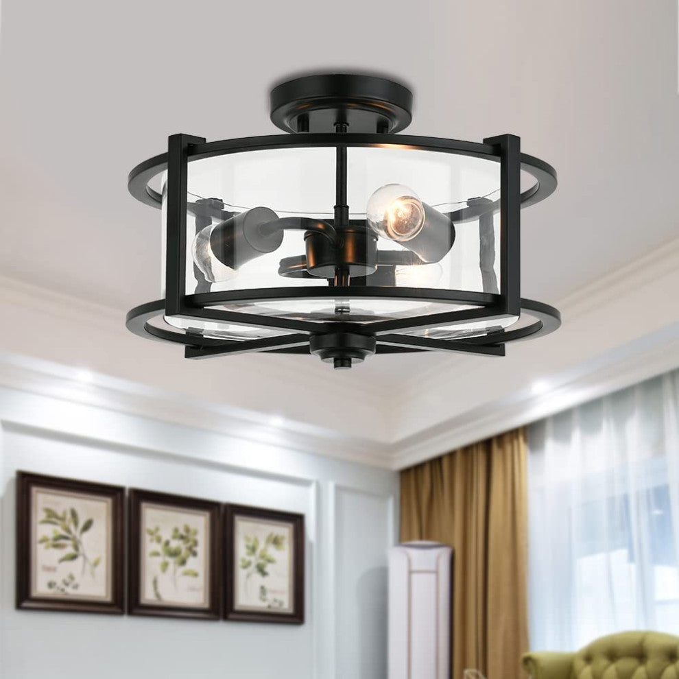 3 Light Industrial Semi Flush Ceiling Light, Farmhouse, Black