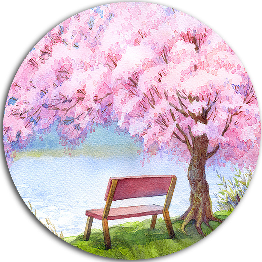 Bench Under Flowering Peach Tree, Floral Round Wall Art, 11"
