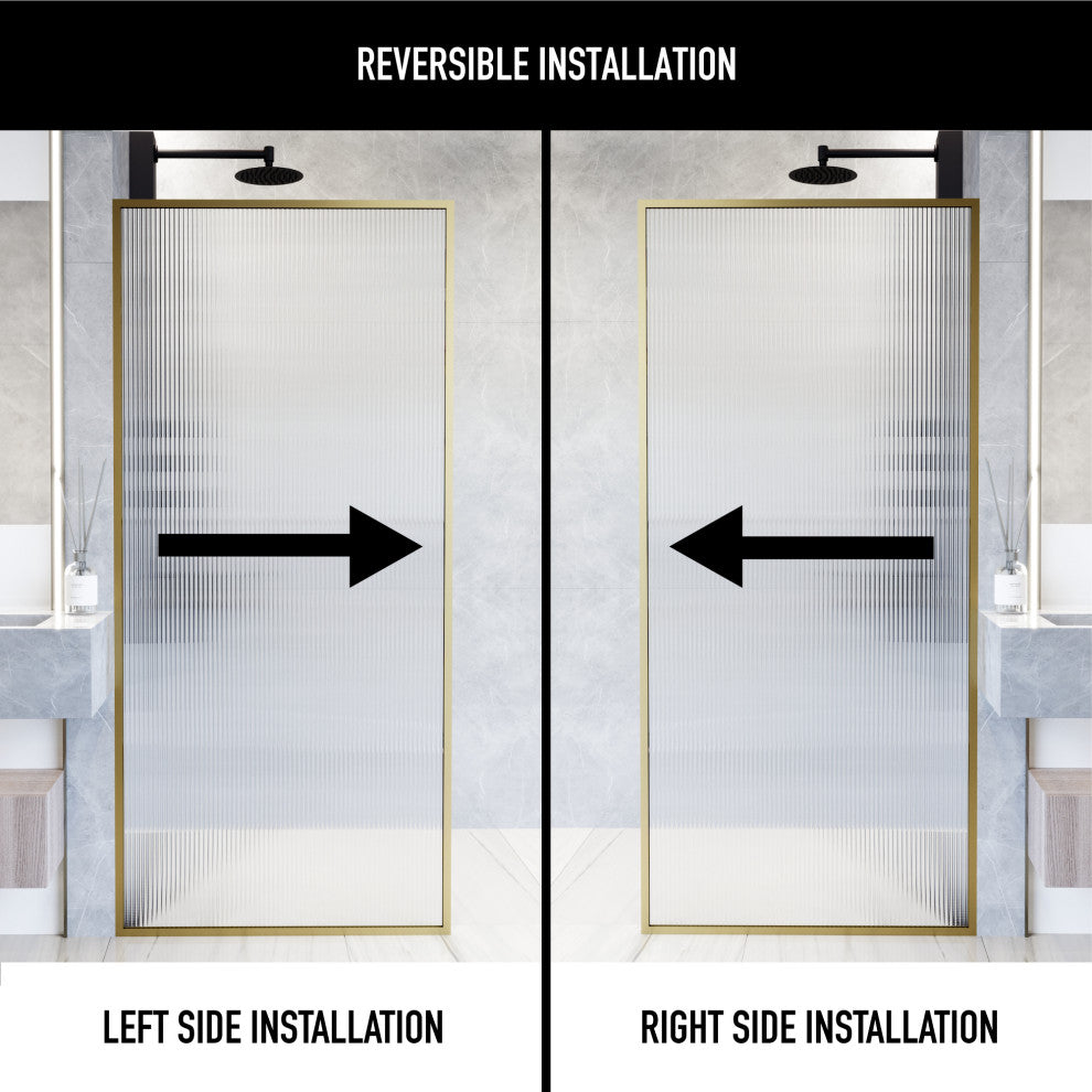 VIGO Meridian Framed Fixed, Matte Brushed Gold, Shower Screen, 34" W X 74" H, Fluted Glass