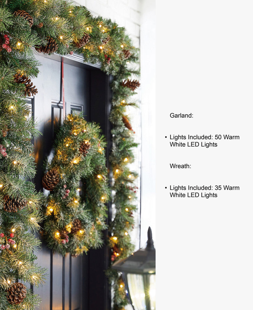 24"D Pre-Lit Christmas Wreath, 2-Pack 9' Garland & 2-Pack Flocked Christmas Tree