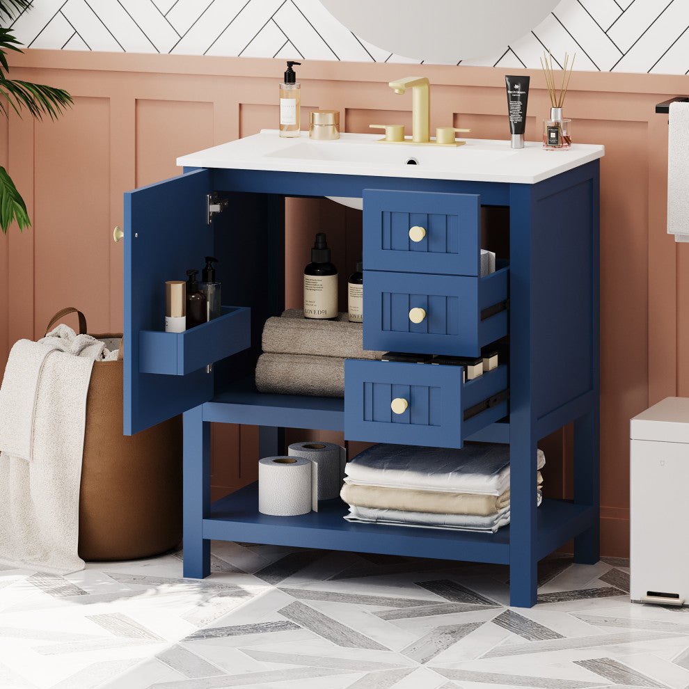30 Inch Transitional Style Bathroom Vanity Cabinet Combo with Ceramic Sink, Blue