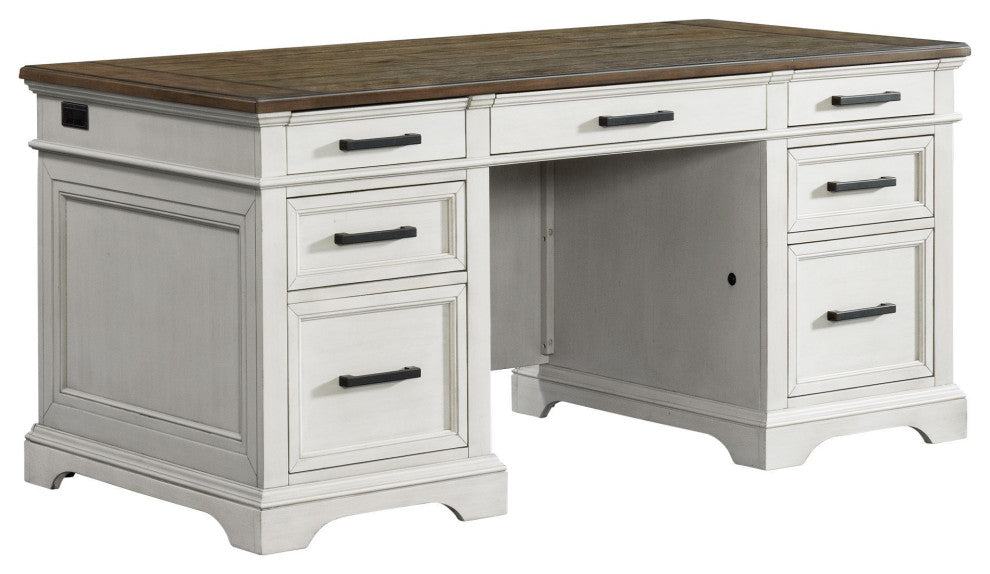 Drake 66" Wide Executive Desk, Rustic White and French Oak
