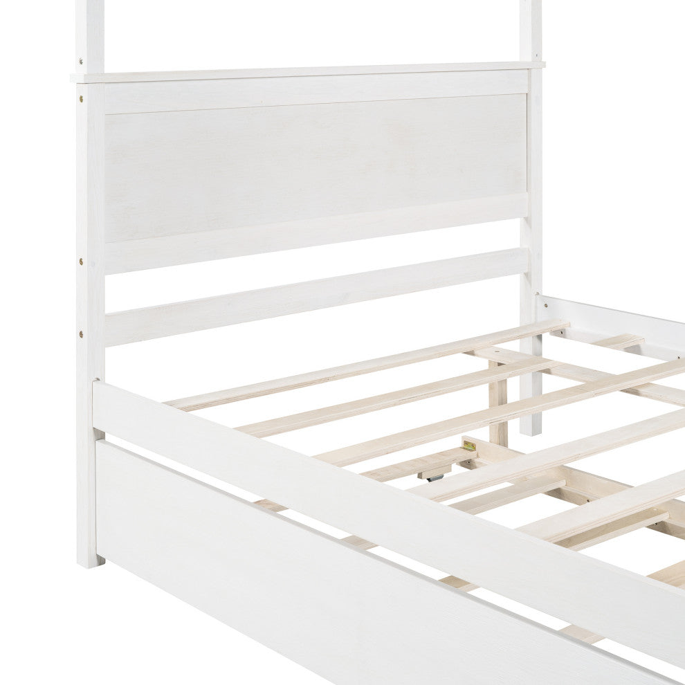 Full Wood Frame Canopy Platform bed with Trundle Bed, White, Full