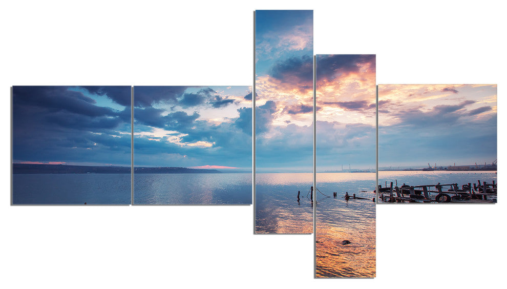 Dramatic Sky Over Sunset Lake, Landscape Canvas Art, 60"x32", 5 panels