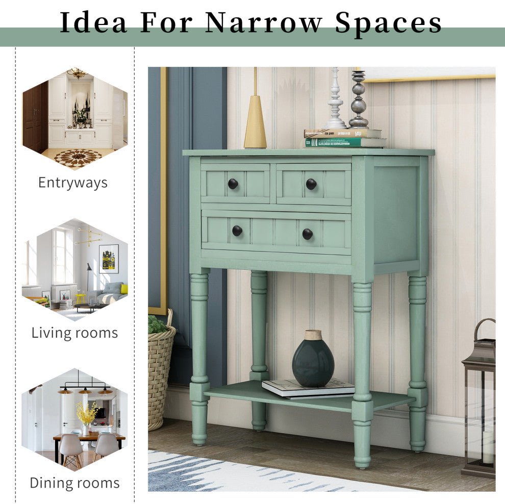 Narrow Console Table with Three Storage Drawers, Antique Blue