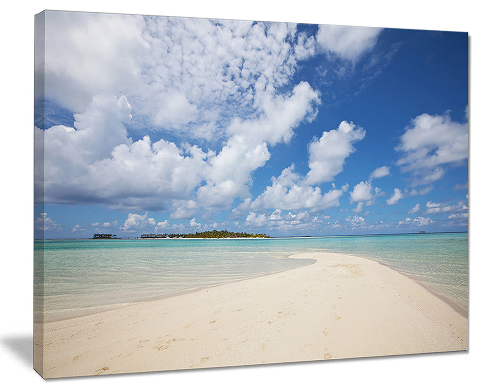 "Serene Maldives Beach Under Clouds" Seascape Art Canvas, 20"x12"