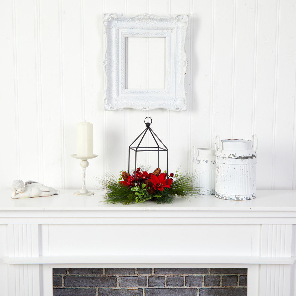 14" Xmas Poinsettia, Berry & Pinecone Metal Candle Holder Faux Table Arrangement