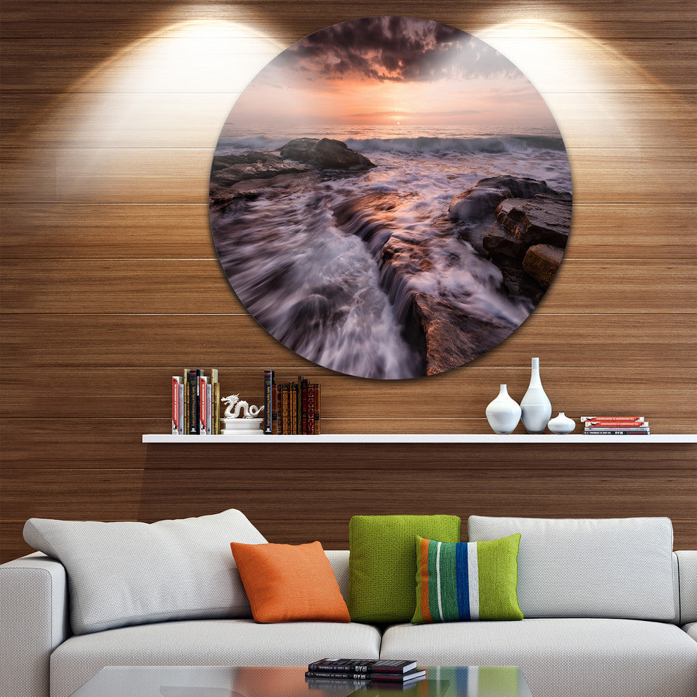 Exotic Flow Of Waters Over Rocks, Seascape Disc Metal Wall Art, 11"