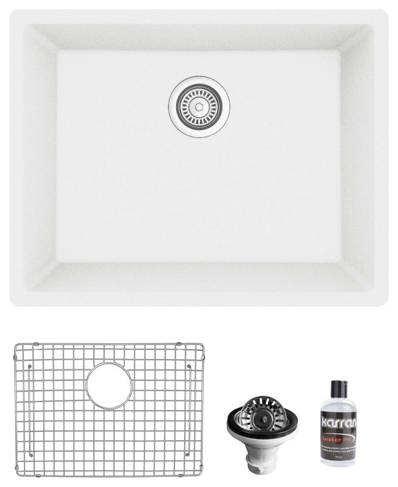 Karran QU-820 Undermount 24.38, Single Bowl Quartz Sink Kit, White