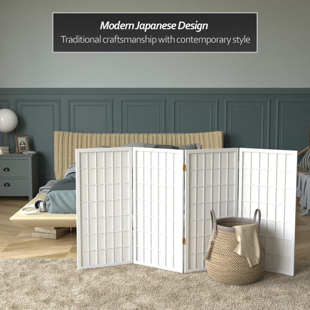 3' Tall Window Pane Shoji Screen, White, 4 Panels