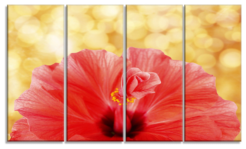 Hibiscus Flower with Lit up Background, Floral Canvas Artwork, 48"x28", 4 Panels