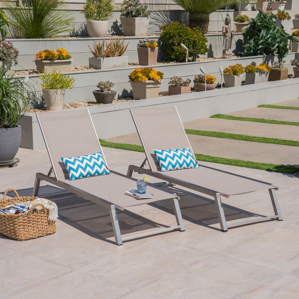 GDF Studio Santa Monica Outdoor Gray Mesh Chaise Lounge With Aluminum Frame, Set of 2