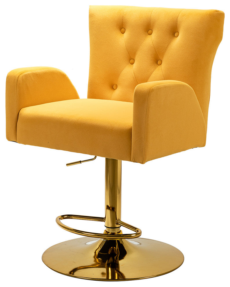 Velvet Swivel Height Adjustable Bar Stool with Tufted Back, Mustard