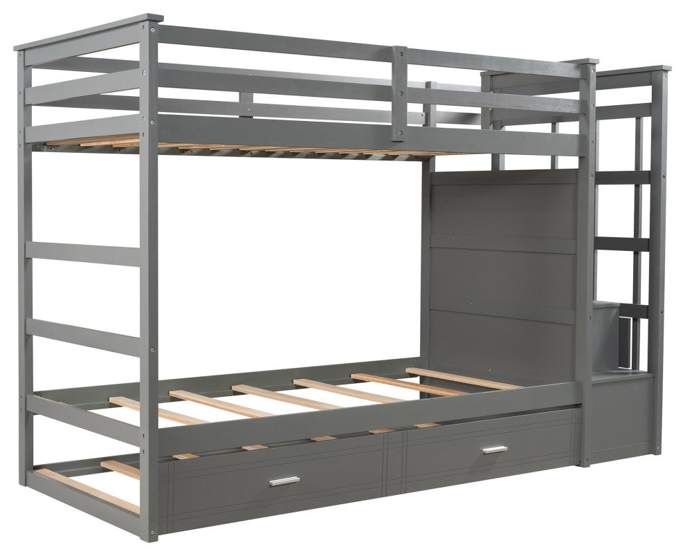 Gewnee Solid Wood Twin Over Twin Bunk Bed with Trundle and Staircase in Gray
