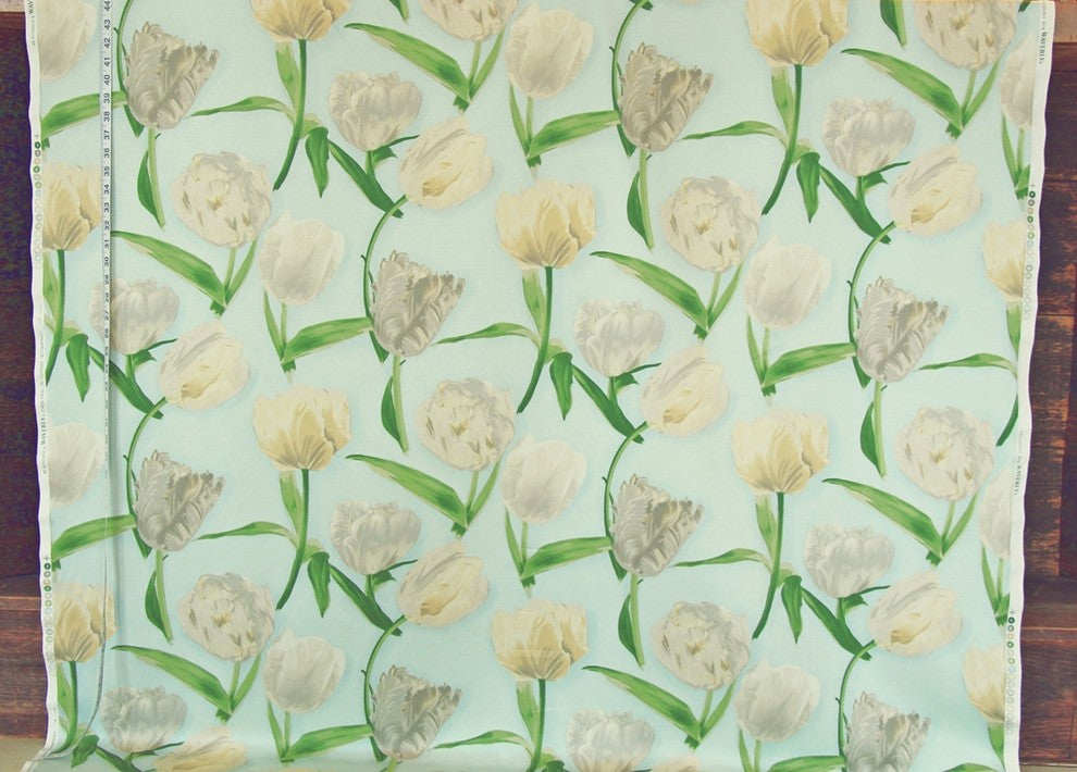 Cream White Tulip Fabric Blue Spring Sky, Sample Cut