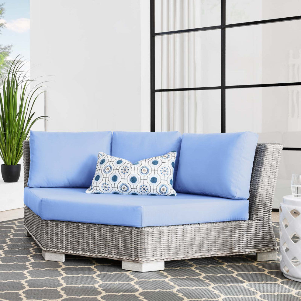 Sofa Corner Chair, Rattan, Wicker, Gray Blue, Modern, Outdoor Patio Cafe