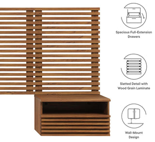 Render Wall Mount Queen Headboard and Modern Nightstands, Walnut