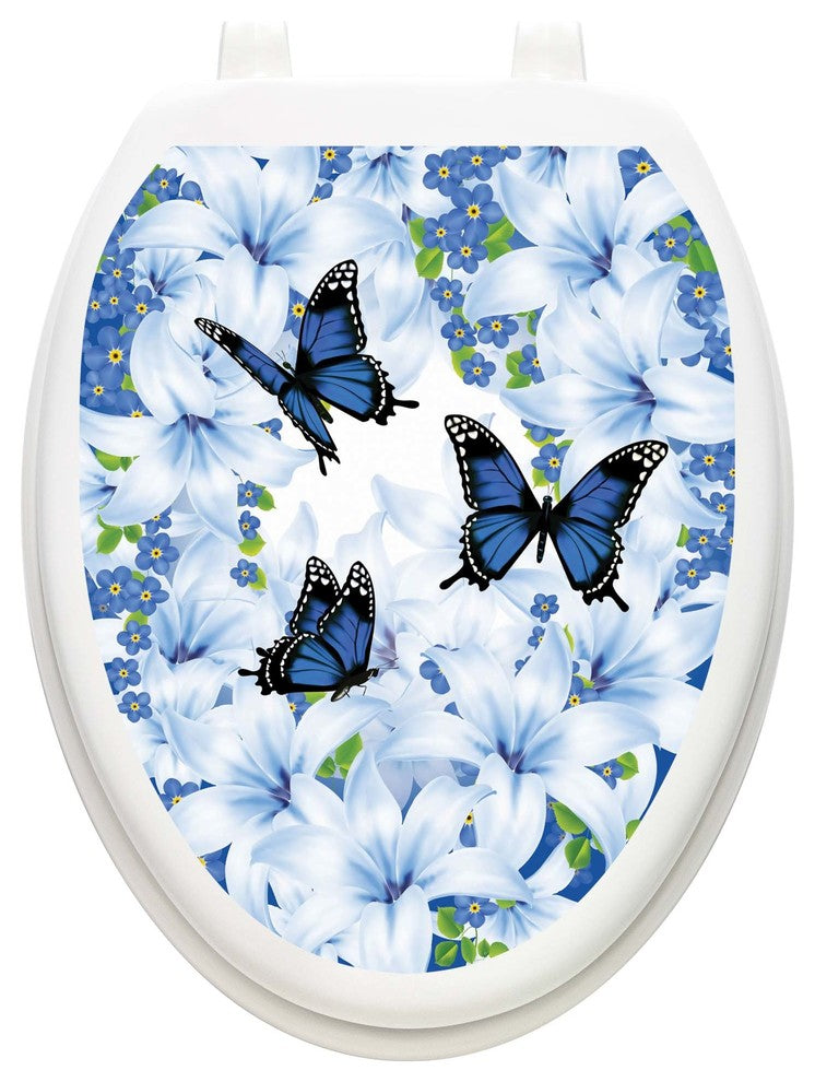 Lily Blue Toilet Tattoos Seat Cover, Vinyl Lid Decal, Floral Bathroom Decor, Elongated