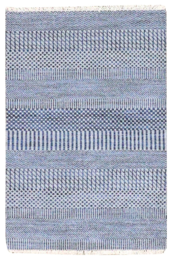 Chrome Gray Hand Knotted Grass Design Dyed Organic Wool Mat Rug, 2'1"x3'3"