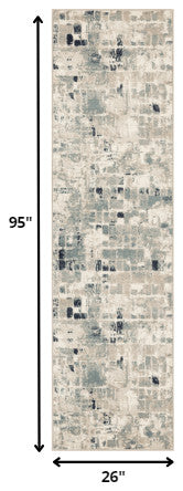 2"x8" Beige Blue Abstract Tiles Distressed Runner Rug