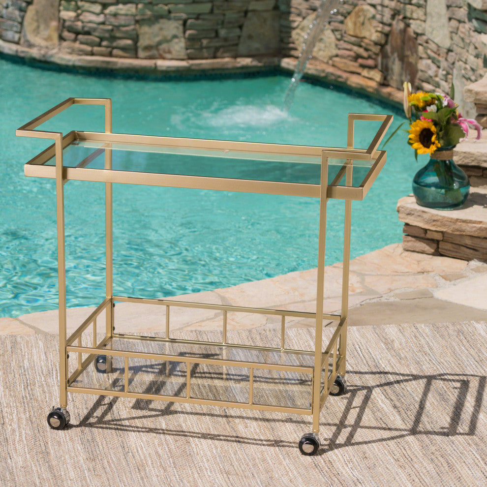 GDF Studio Fern Outdoor Industrial Iron and Glass Bar Cart, Gold
