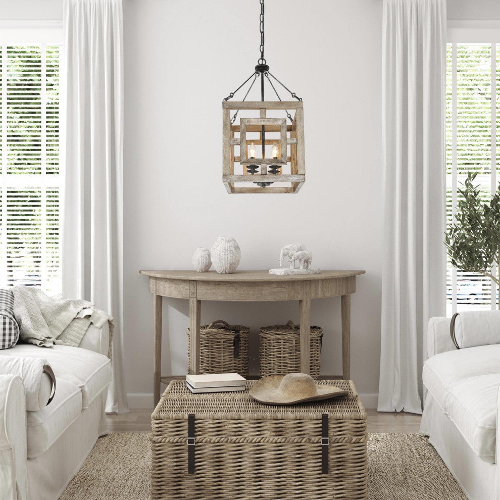 4-Lights Bruched Farmhouse and White Wood Chandelier For Living Room